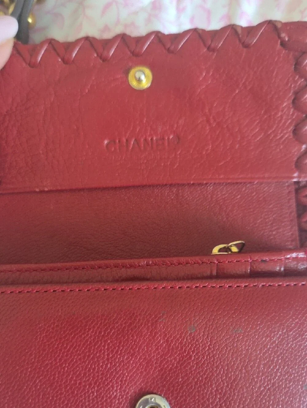Red Leather Women's Wallet with Interlocking Metal Accent